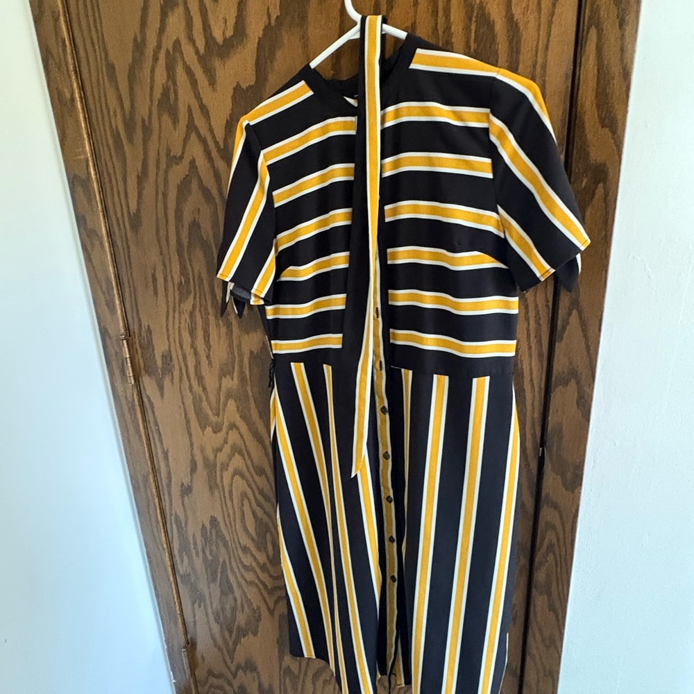Striped Black and Yellow Button-Front Midi Dress
